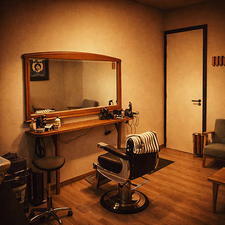 Ruime vintage barbershop met kappersstoel, spiegel, houten kasten en warm sfeervol licht